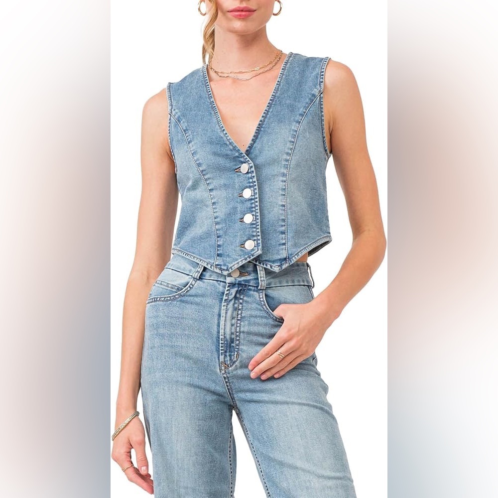 DEAR JOHN Womens Norris Button Front Vest Blue Denim Jeans Large NWT
